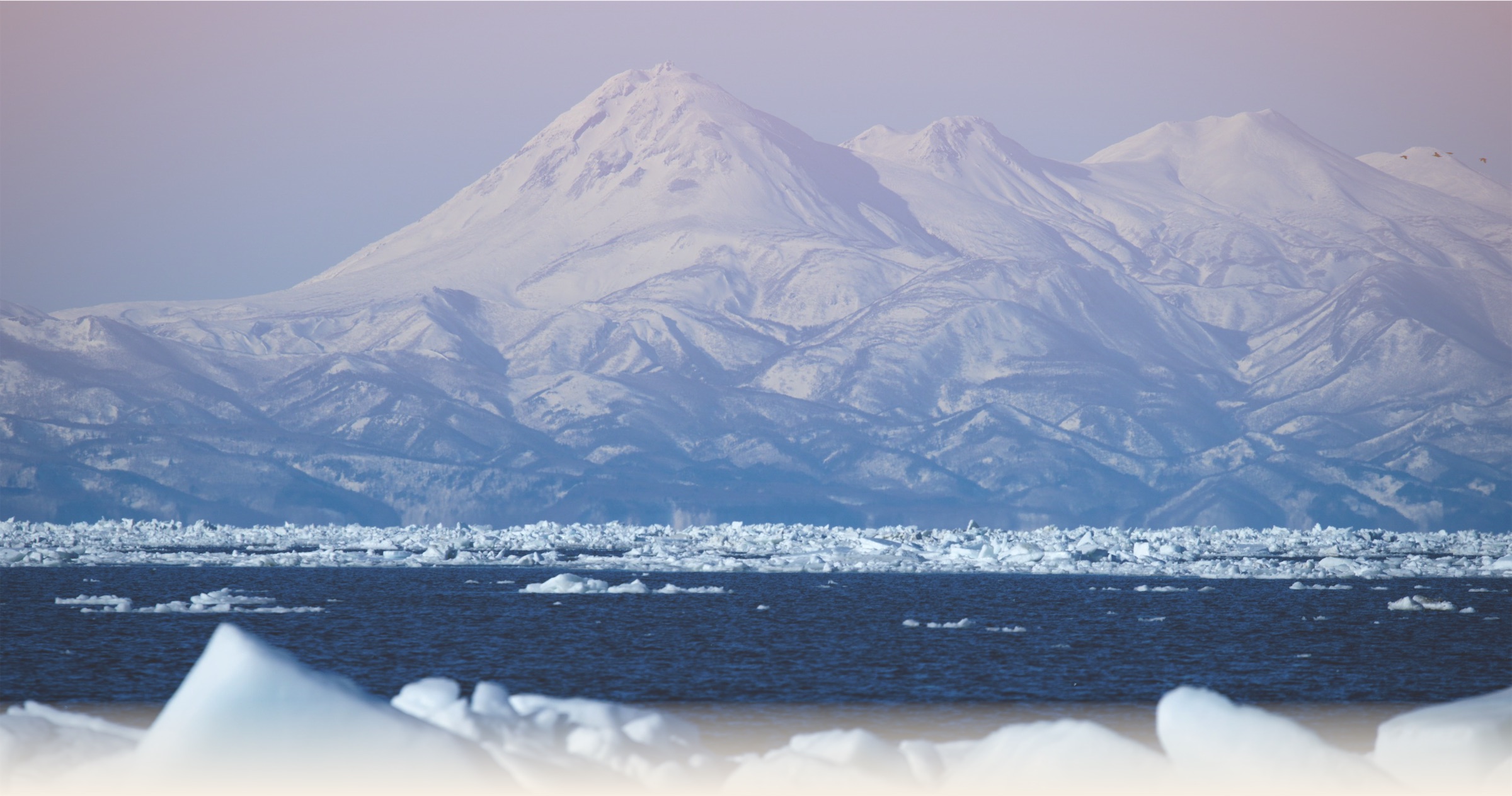 オホーツク海の流氷と、雪をいただく知床の山なみ